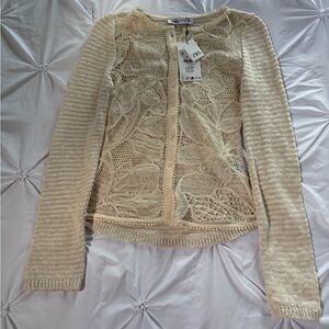 Zara Cream Lace-Front Knit Cardigan